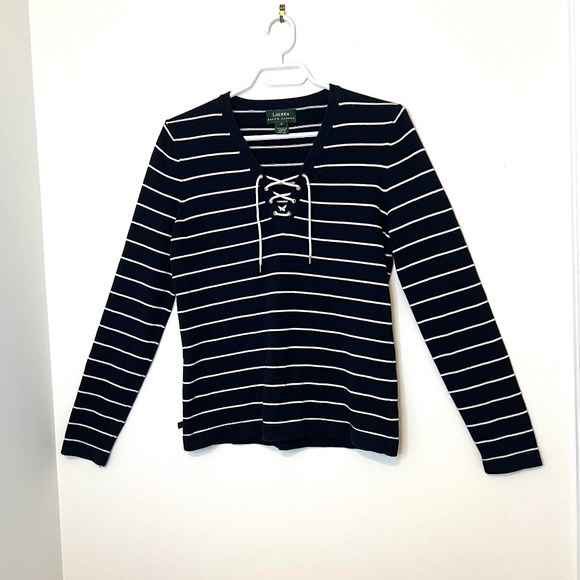 Lauren by Ralph Lauren Navy Striped Sweater Lace Tie Up Size S - Picture 1 of 9